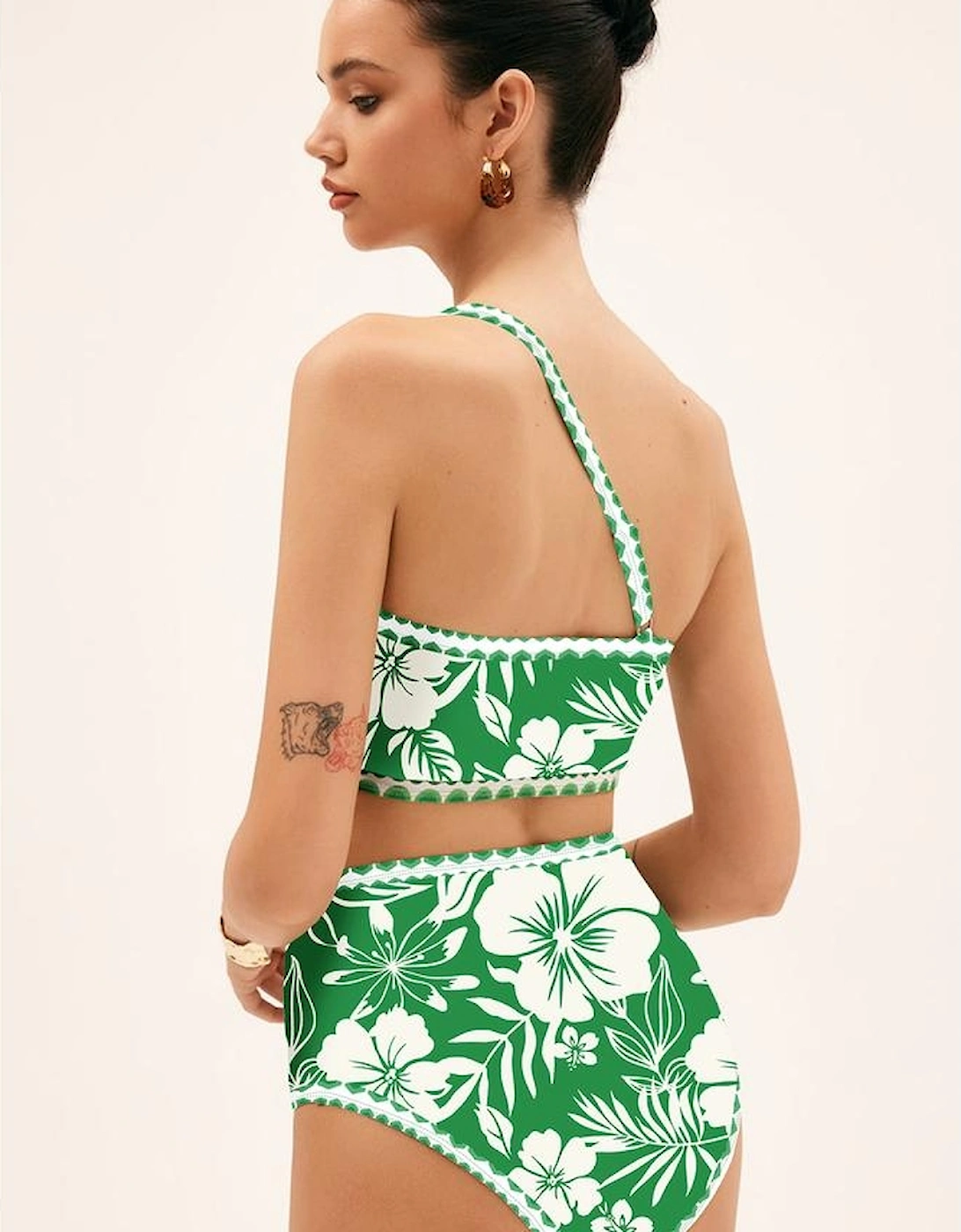 Green Floral Print One Shoulder High Waist Bikini Set