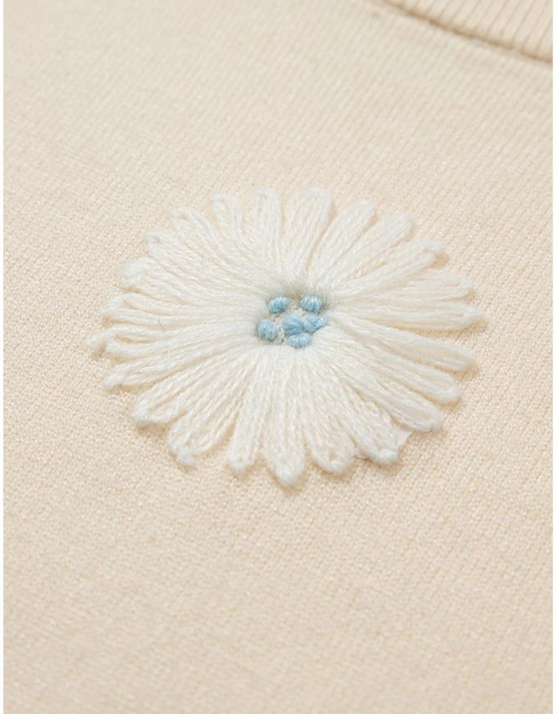 Beige Flower Pattern Short Sleeve Knitted Top