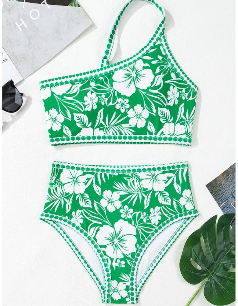 Green Floral Print One Shoulder High Waist Bikini Set