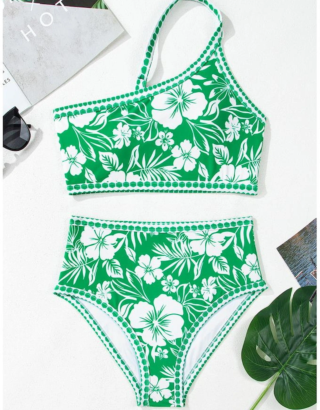 Green Floral Print One Shoulder High Waist Bikini Set