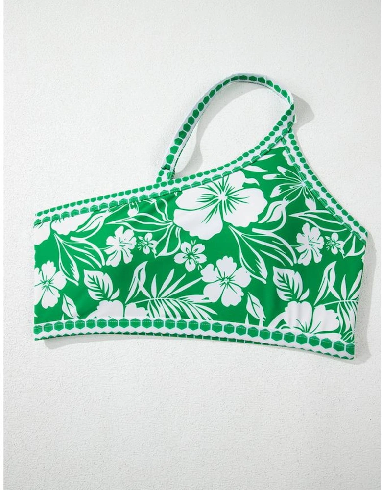 Green Floral Print One Shoulder High Waist Bikini Set