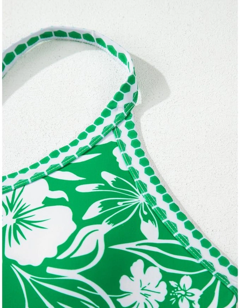 Green Floral Print One Shoulder High Waist Bikini Set