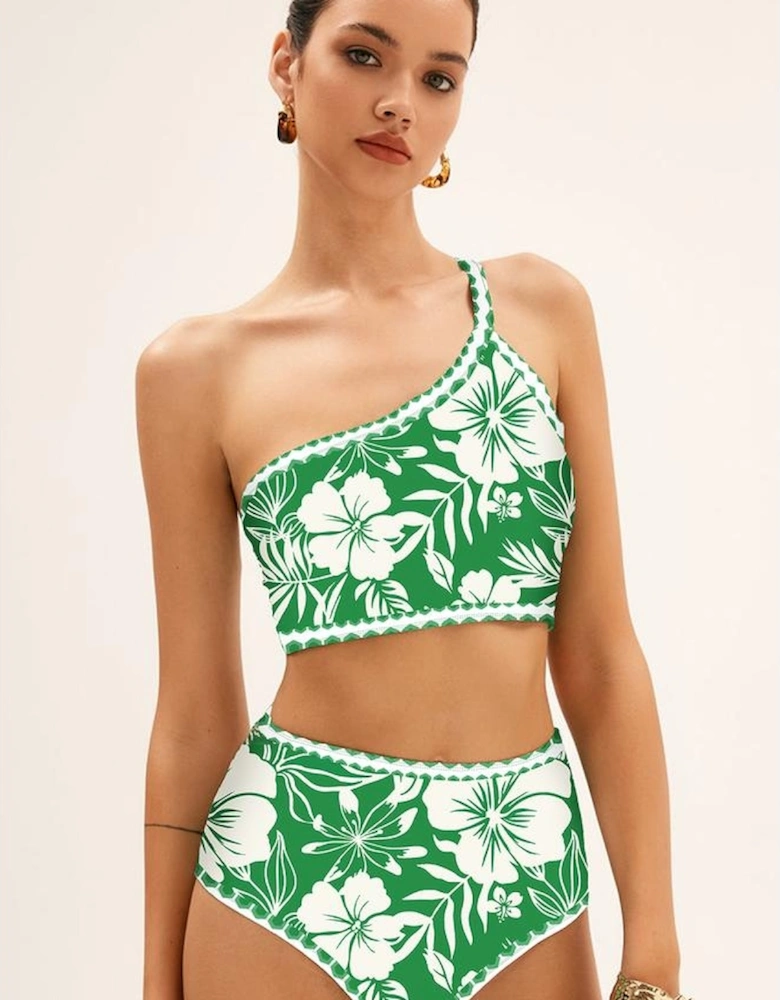 Green Floral Print One Shoulder High Waist Bikini Set