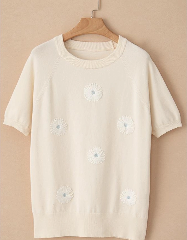 Beige Flower Pattern Short Sleeve Knitted Top