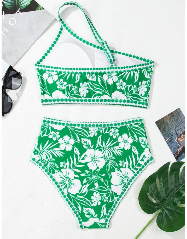 Green Floral Print One Shoulder High Waist Bikini Set