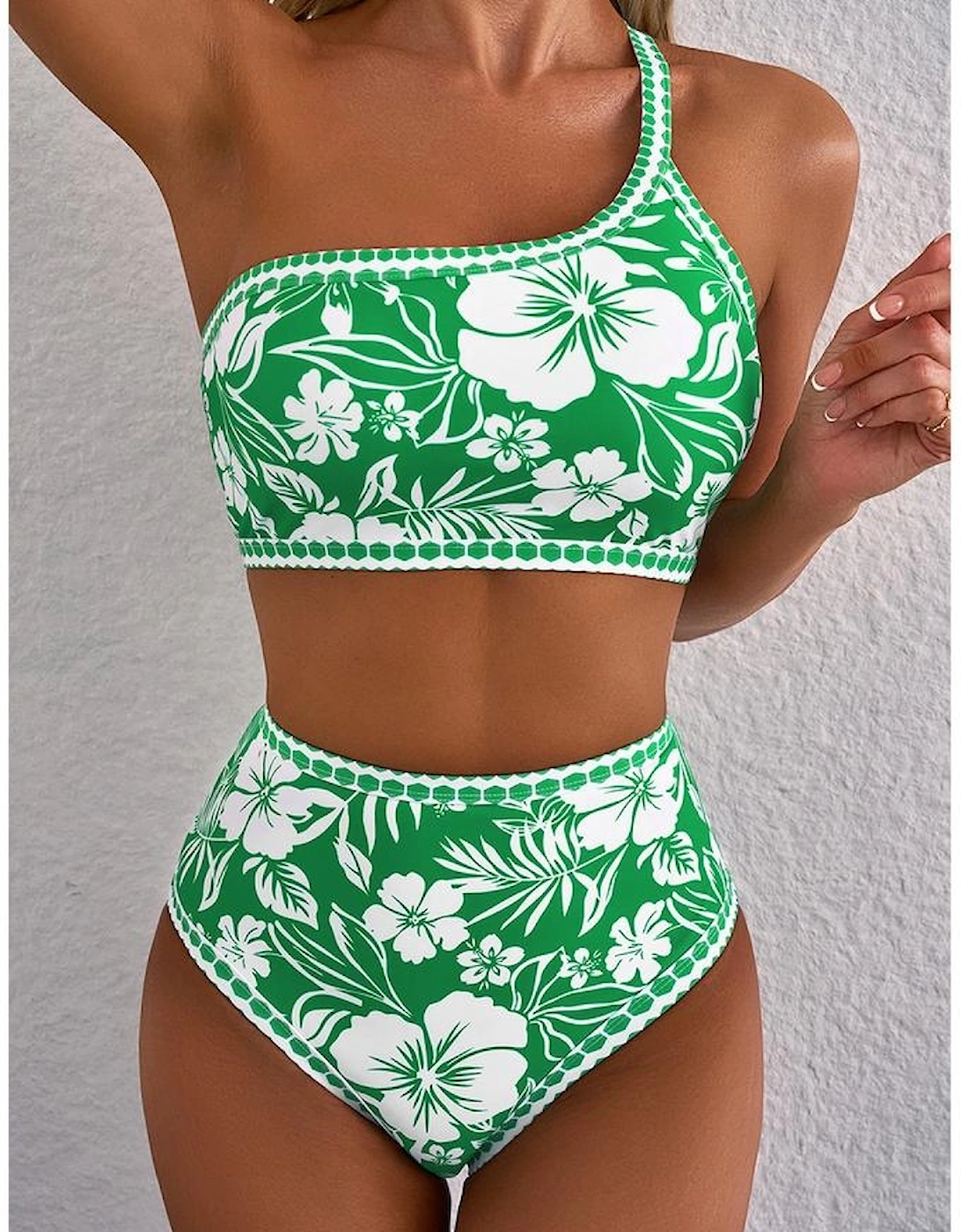 Green Floral Print One Shoulder High Waist Bikini Set