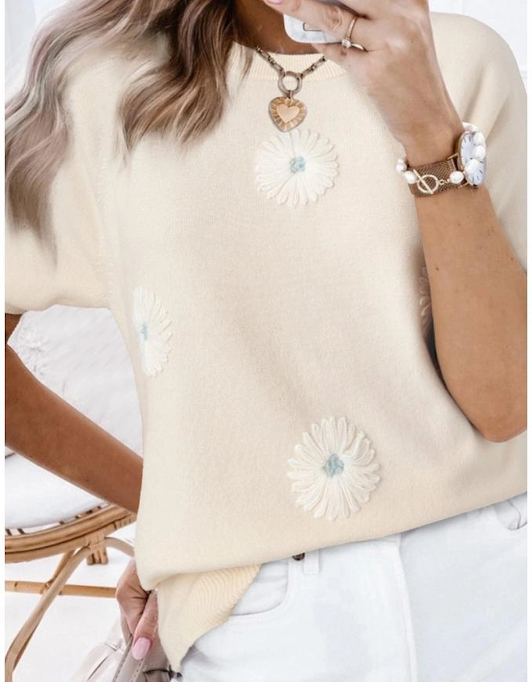 Beige Flower Pattern Short Sleeve Knitted Top