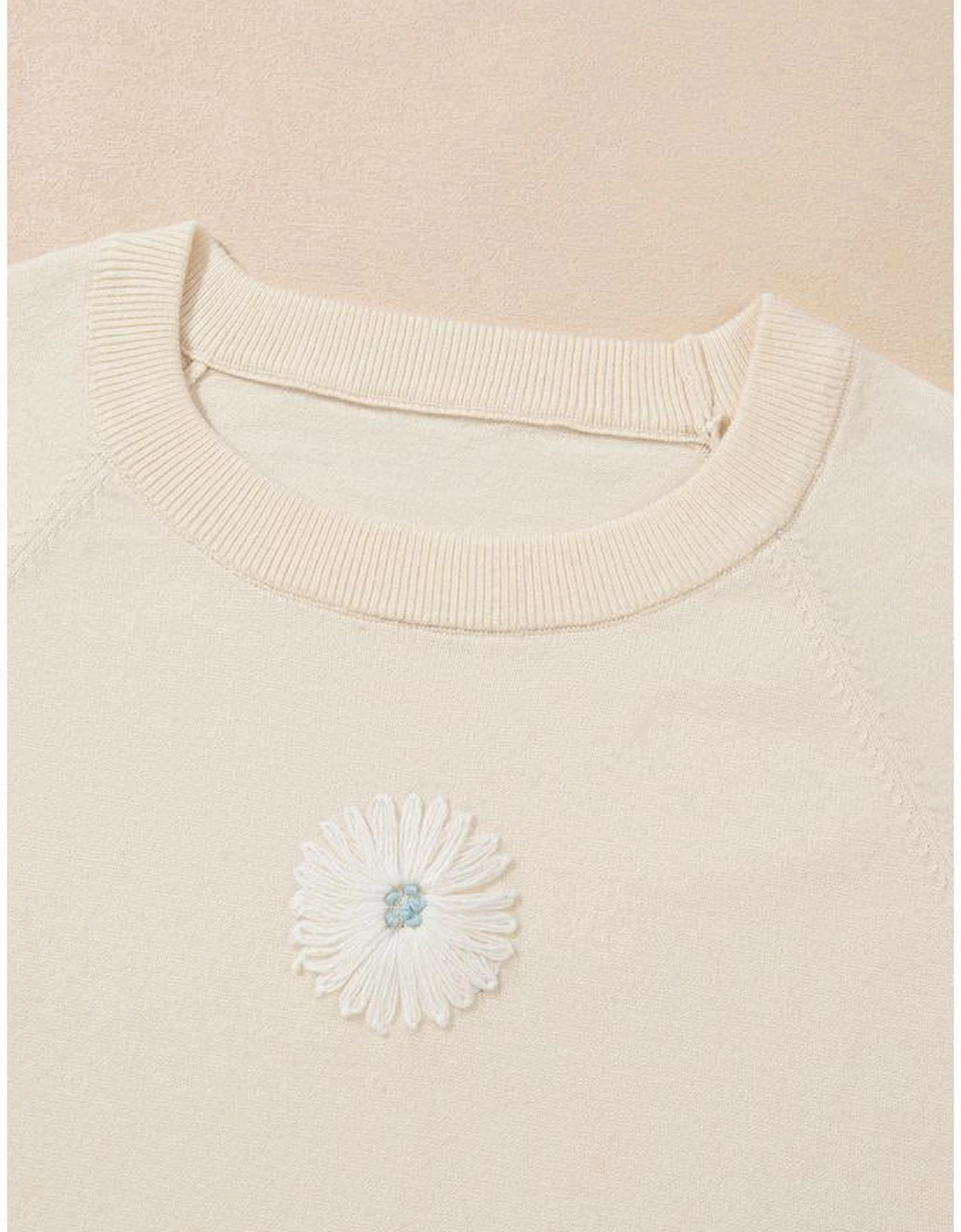 Beige Flower Pattern Short Sleeve Knitted Top