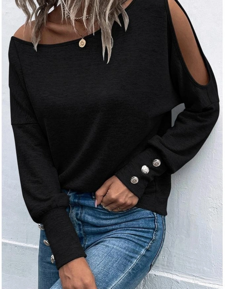 Black Asymmetrical Cut Out Buttoned Long Sleeve Top