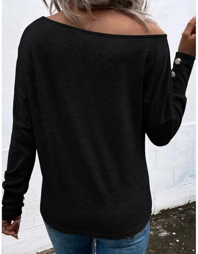 Black Asymmetrical Cut Out Buttoned Long Sleeve Top