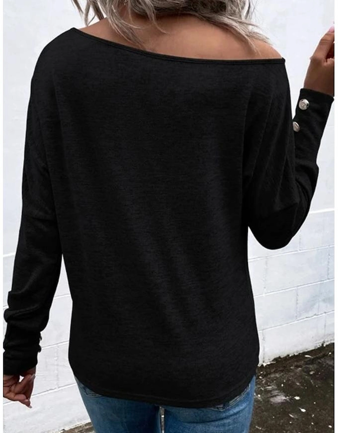 Black Asymmetrical Cut Out Buttoned Long Sleeve Top