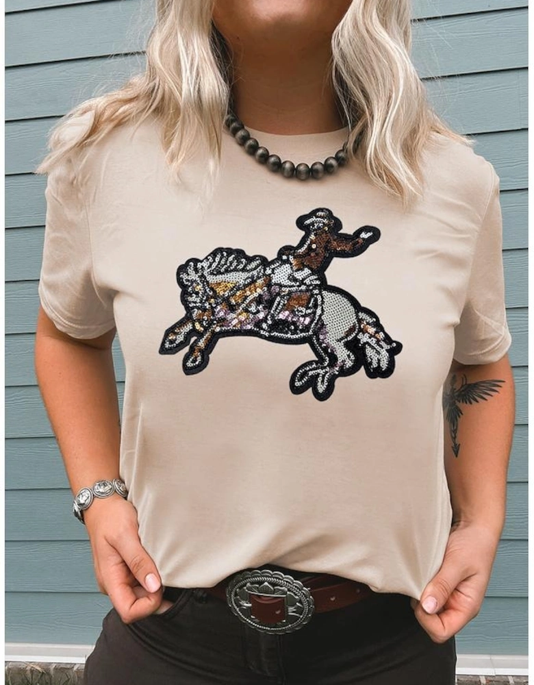 Khaki Sequin Rodeo Graphic Crewneck Tee