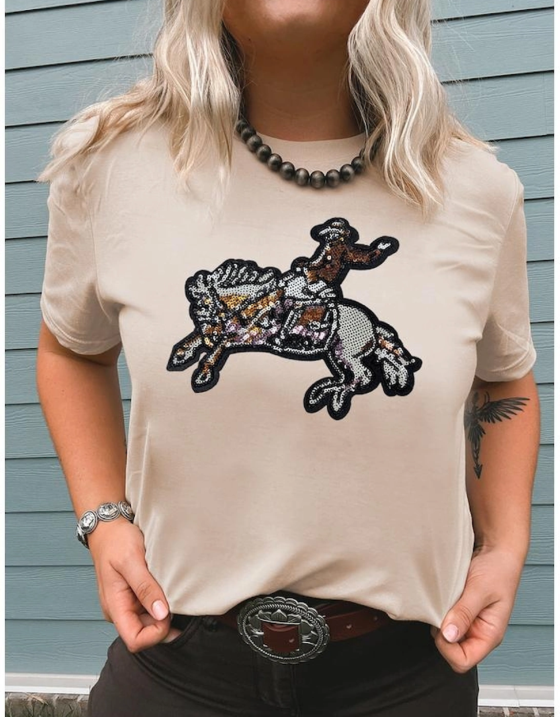 Khaki Sequin Rodeo Graphic Crewneck Tee
