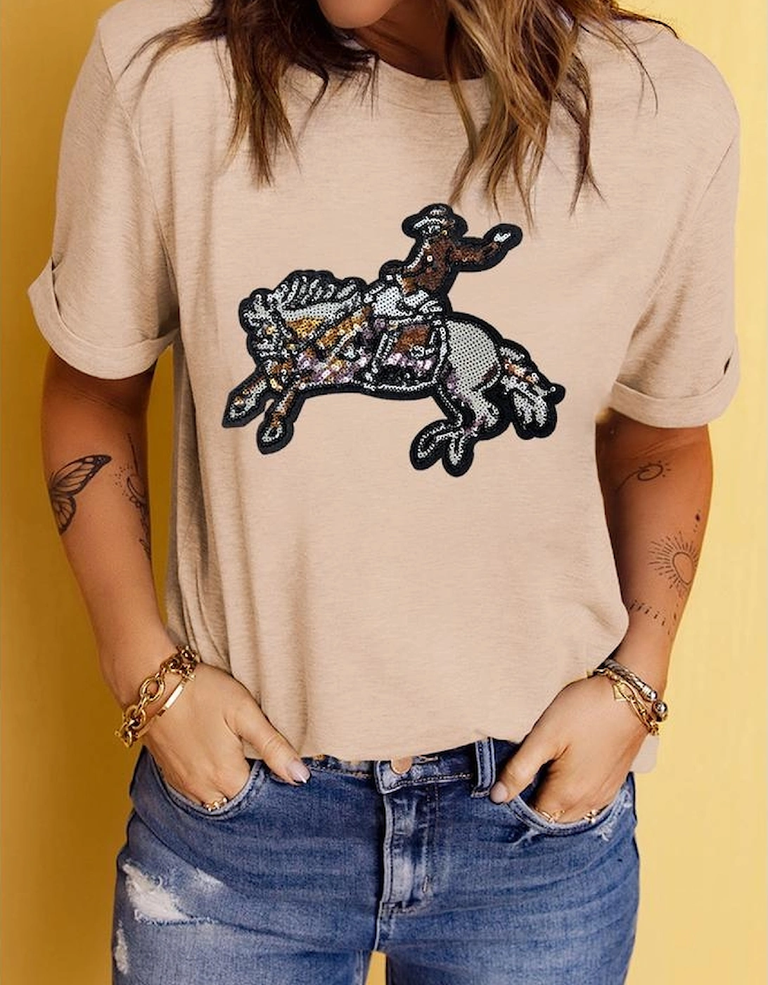 Khaki Sequin Rodeo Graphic Crewneck Tee