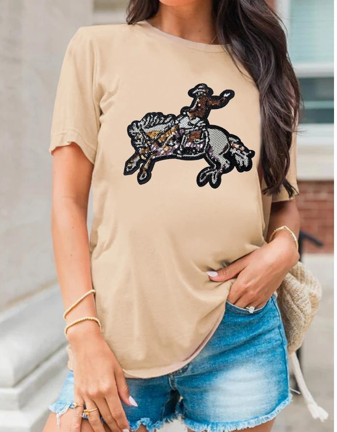 Khaki Sequin Rodeo Graphic Crewneck Tee