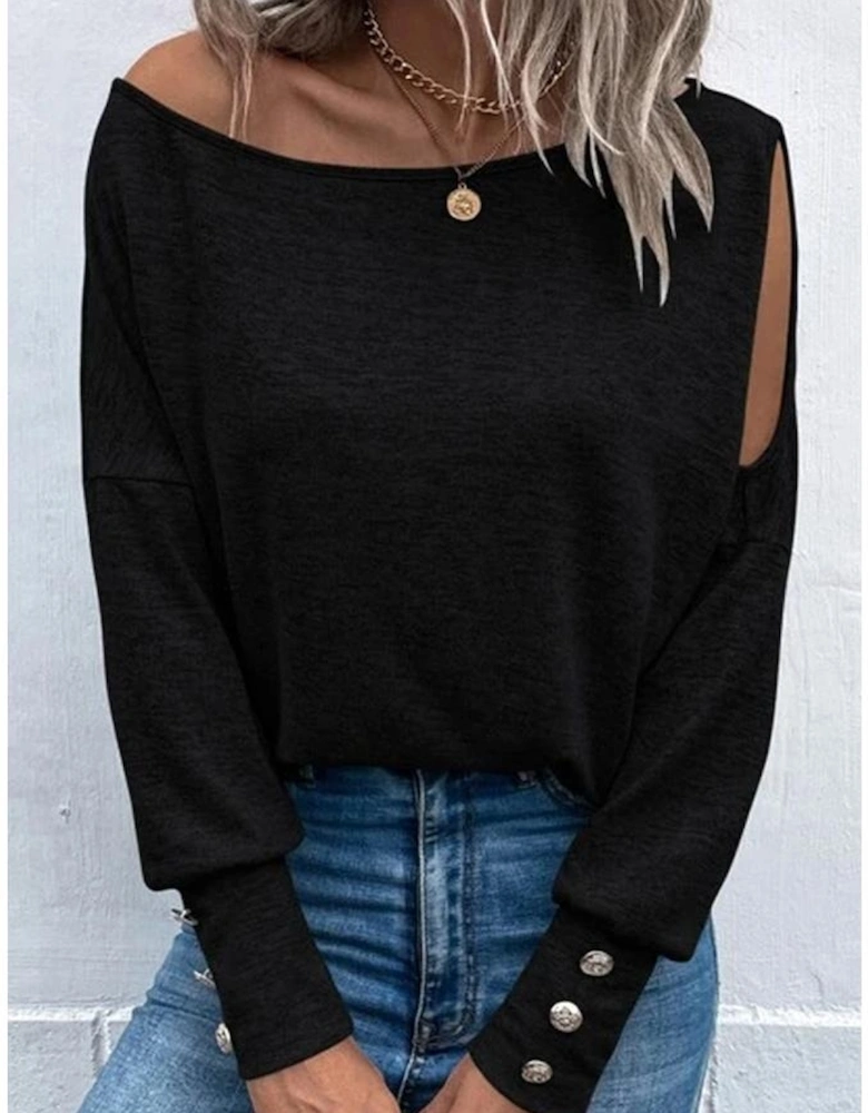 Black Asymmetrical Cut Out Buttoned Long Sleeve Top