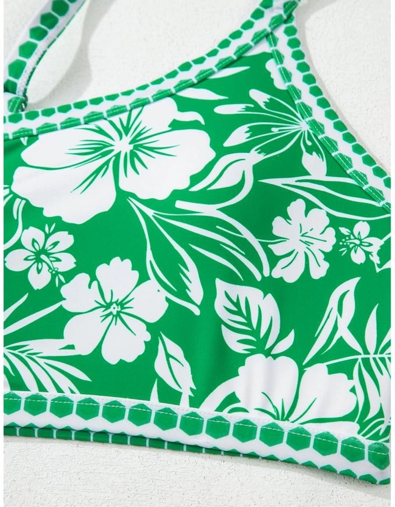 Green Floral Print One Shoulder High Waist Bikini Set