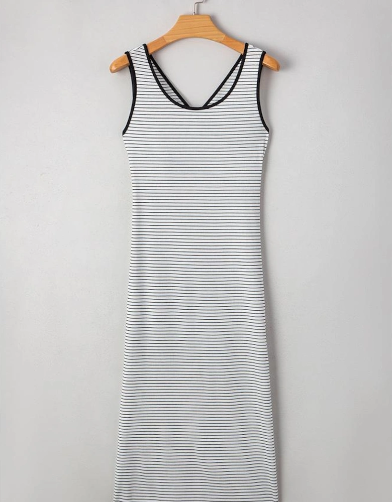 White Stripe Criss Cross Side Slits Slim Fit Sleeveless Midi Dress