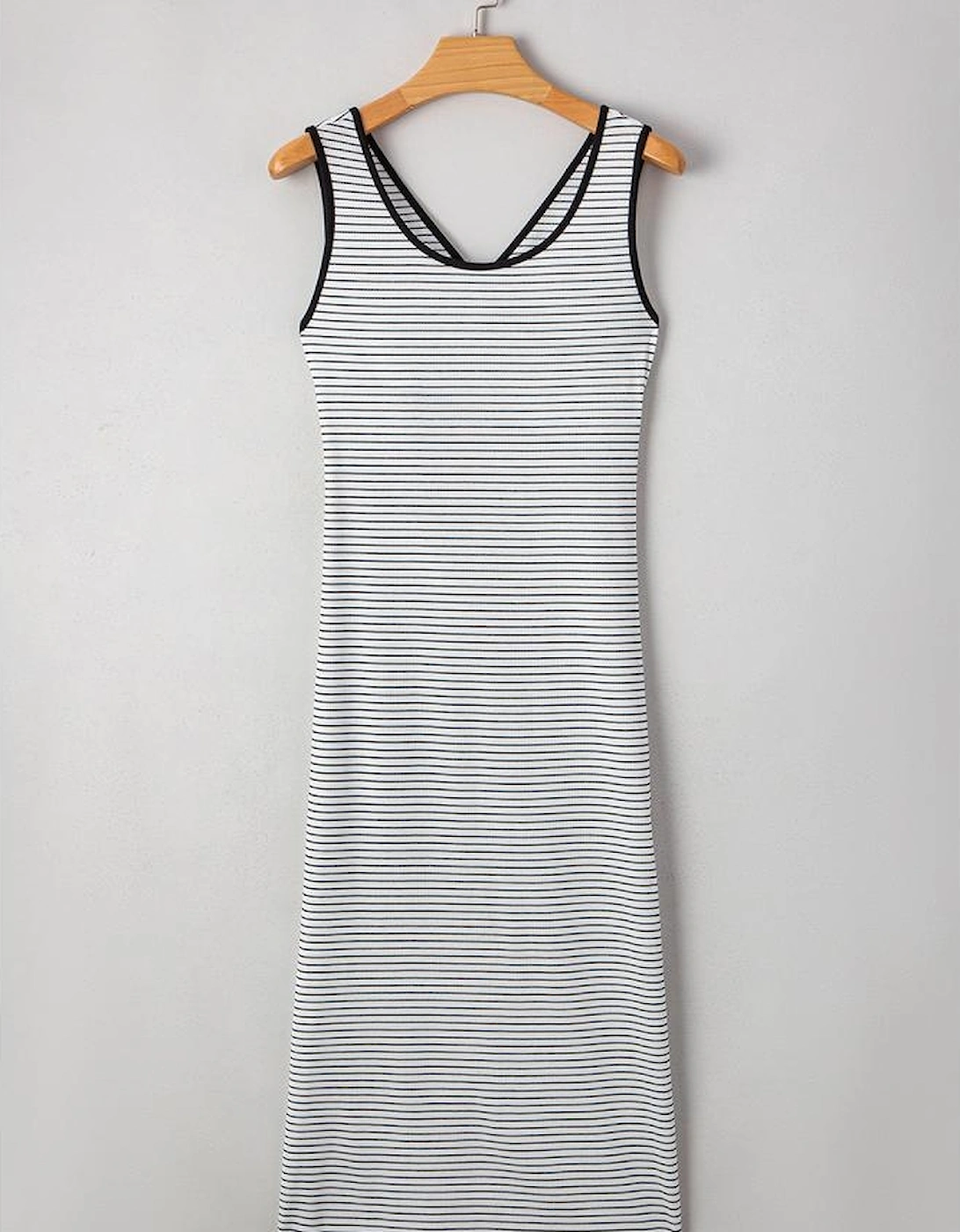 White Stripe Criss Cross Side Slits Slim Fit Sleeveless Midi Dress