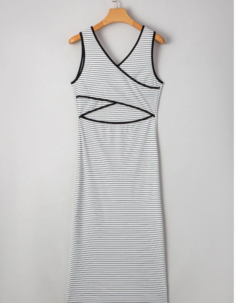 White Stripe Criss Cross Side Slits Slim Fit Sleeveless Midi Dress