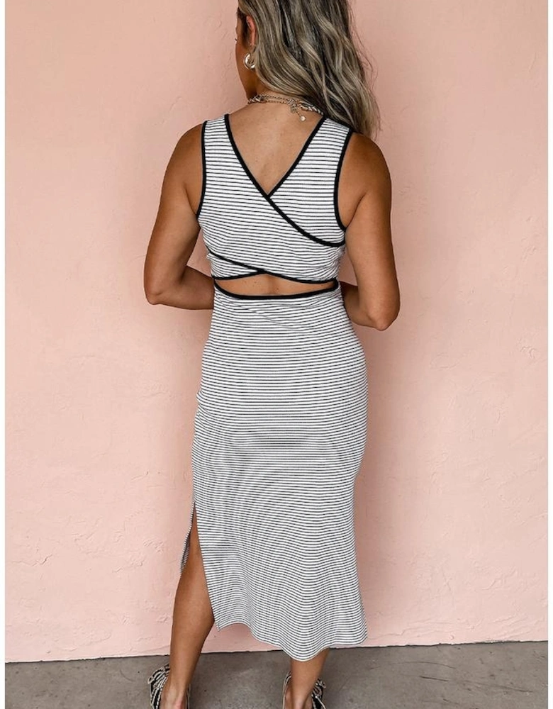 White Stripe Criss Cross Side Slits Slim Fit Sleeveless Midi Dress