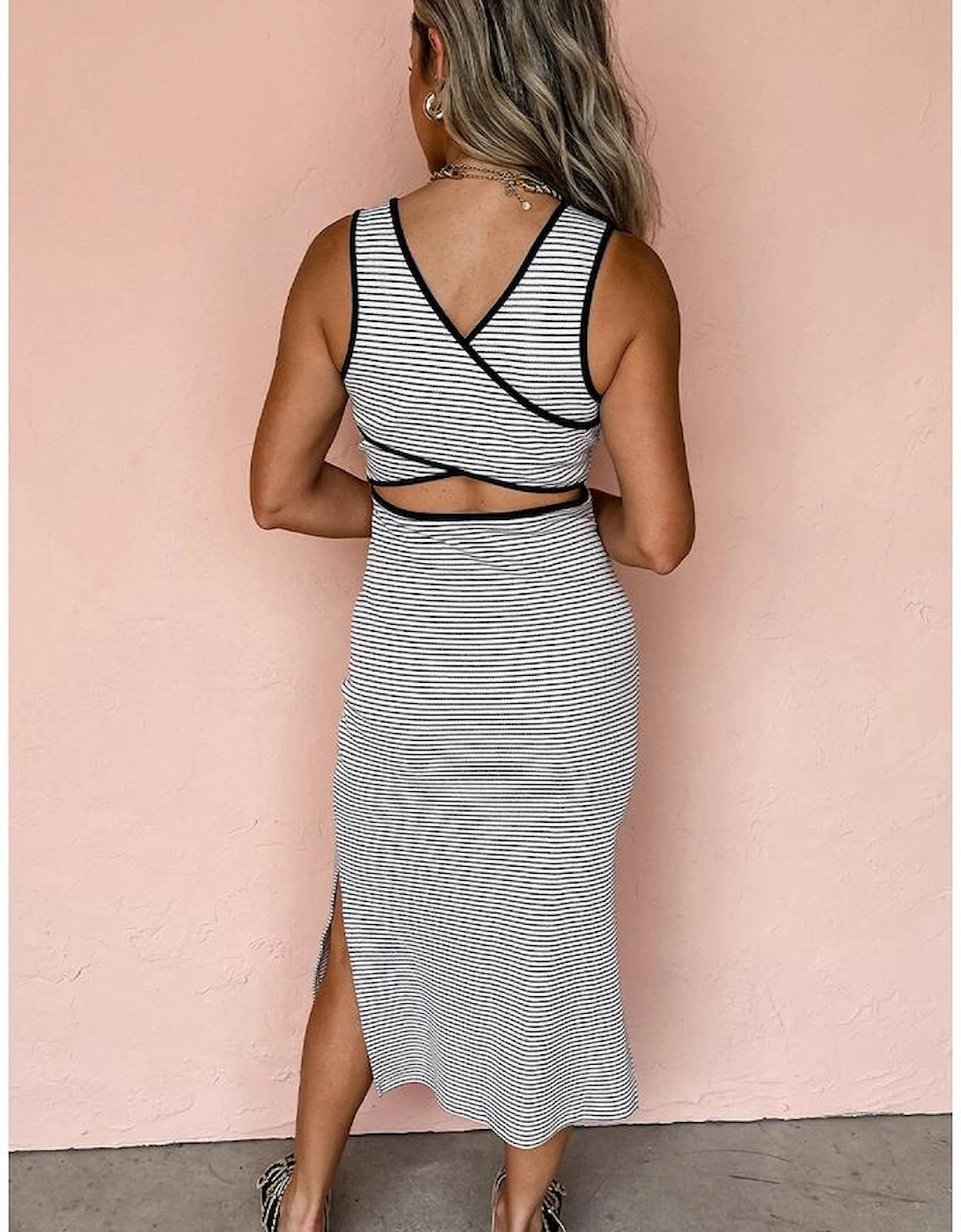 White Stripe Criss Cross Side Slits Slim Fit Sleeveless Midi Dress