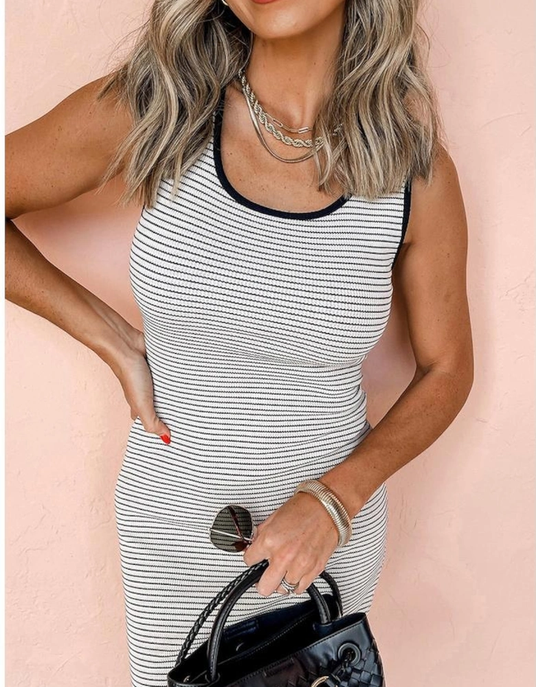 White Stripe Criss Cross Side Slits Slim Fit Sleeveless Midi Dress