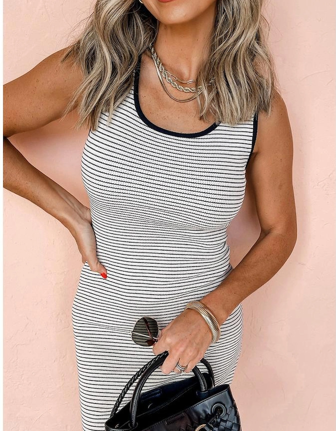 White Stripe Criss Cross Side Slits Slim Fit Sleeveless Midi Dress