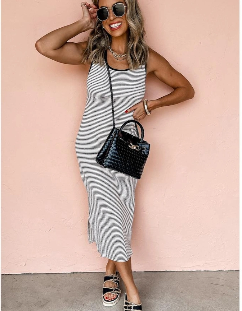 White Stripe Criss Cross Side Slits Slim Fit Sleeveless Midi Dress