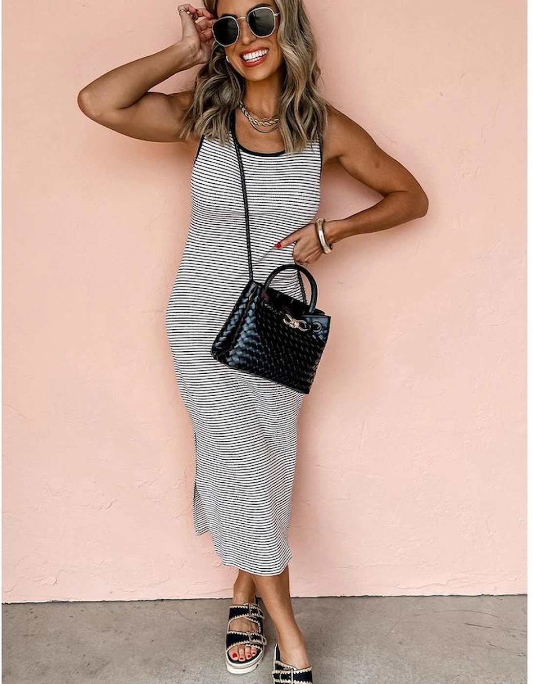 White Stripe Criss Cross Side Slits Slim Fit Sleeveless Midi Dress