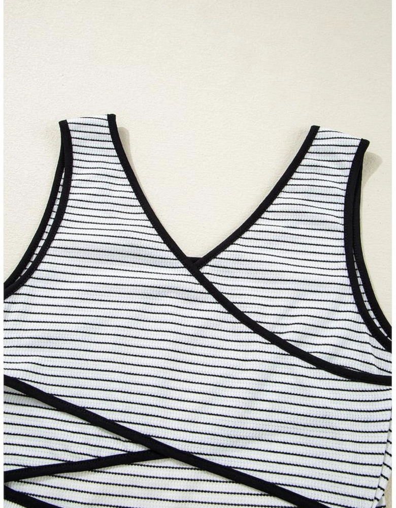 White Stripe Criss Cross Side Slits Slim Fit Sleeveless Midi Dress