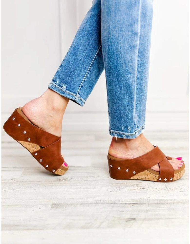 Chestnut Toe Ring Cross Cutout Studded Wedge Slippers
