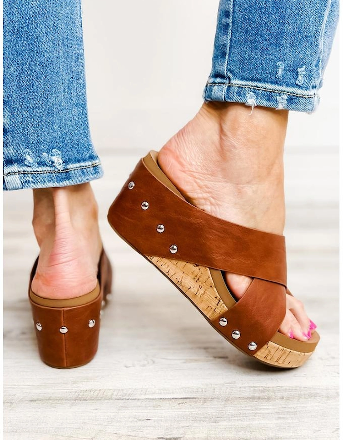 Chestnut Toe Ring Cross Cutout Studded Wedge Slippers, 5 of 4