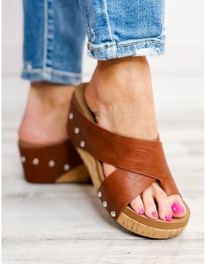 Chestnut Toe Ring Cross Cutout Studded Wedge Slippers