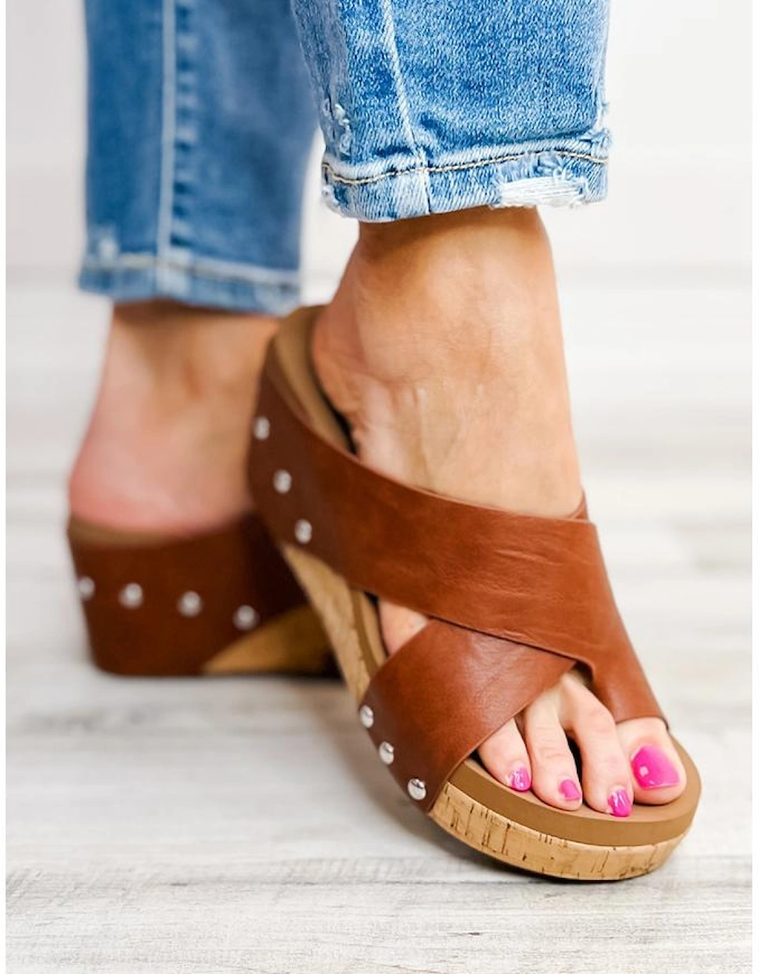 Chestnut Toe Ring Cross Cutout Studded Wedge Slippers