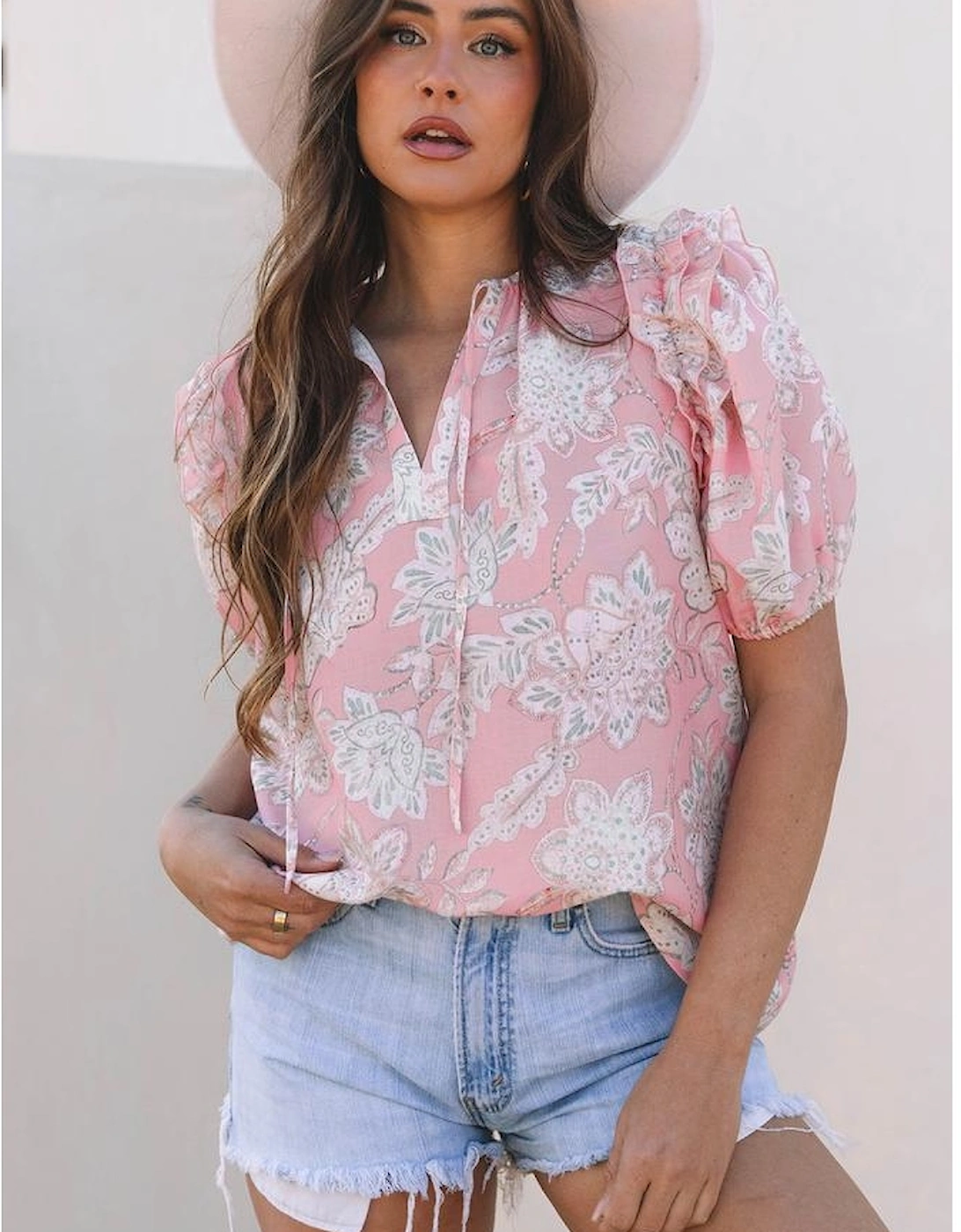 Pink Floral Print Drawstring V Neck Puff Sleeve Loose Blouse