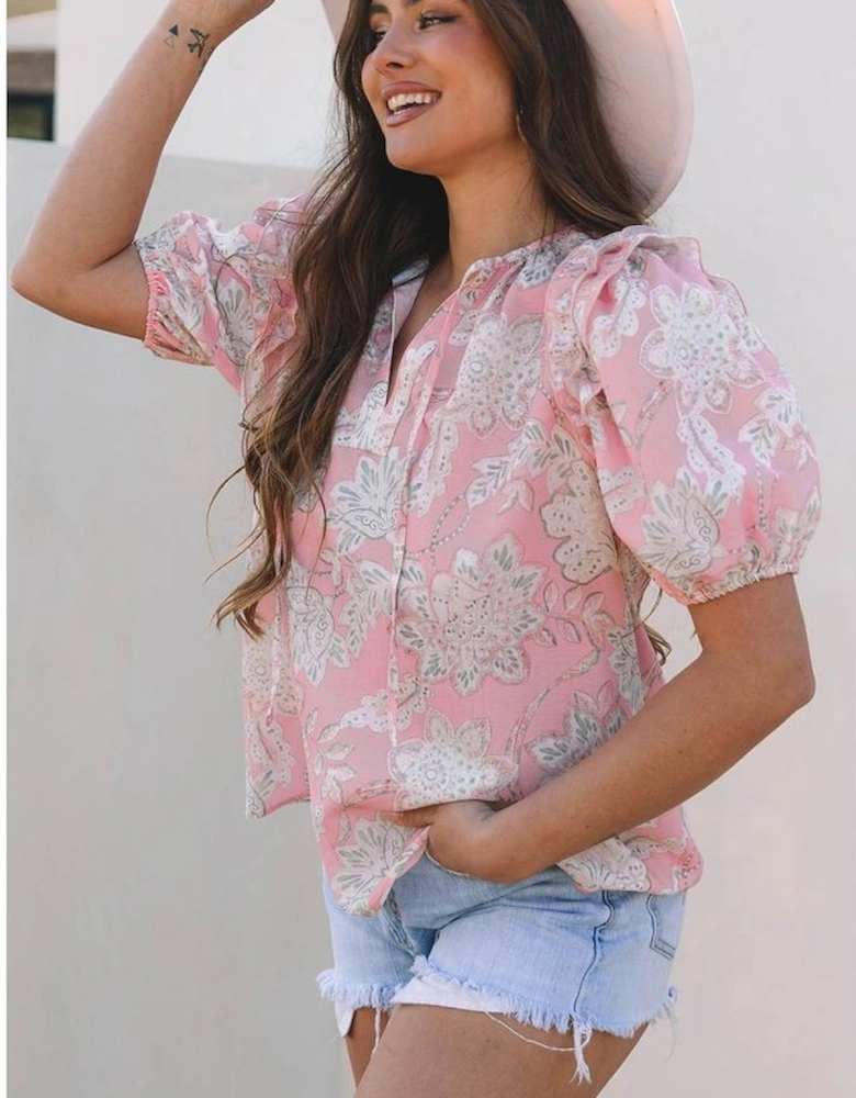 Pink Floral Print Drawstring V Neck Puff Sleeve Loose Blouse