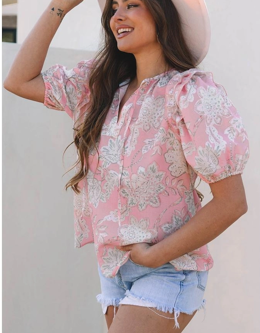 Pink Floral Print Drawstring V Neck Puff Sleeve Loose Blouse