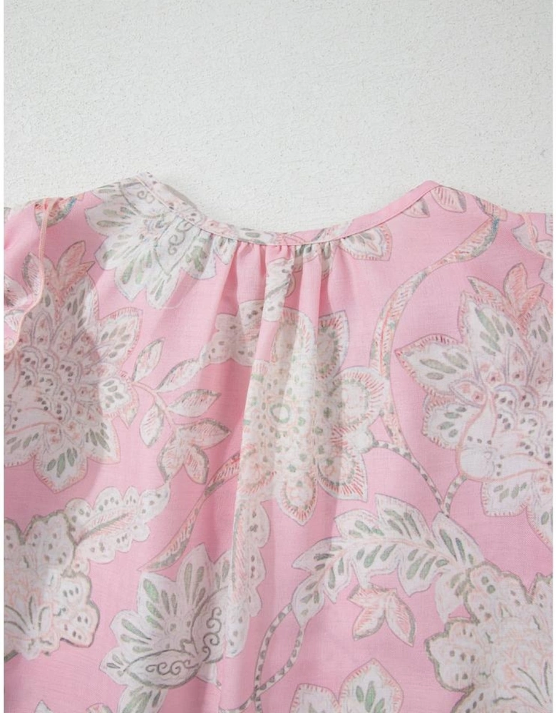 Pink Floral Print Drawstring V Neck Puff Sleeve Loose Blouse