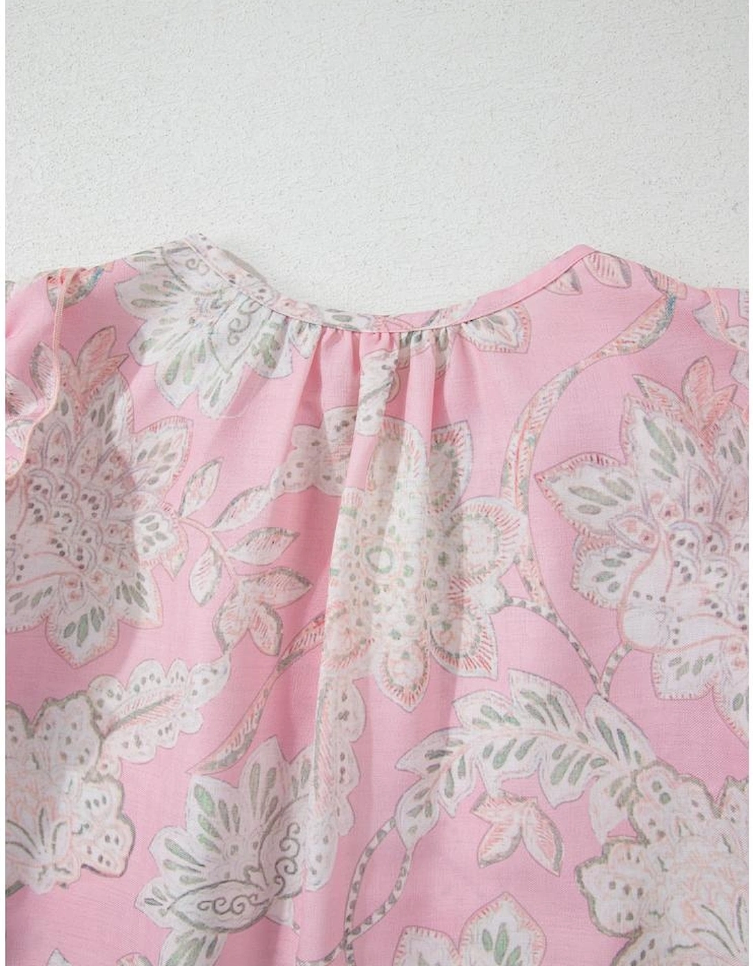 Pink Floral Print Drawstring V Neck Puff Sleeve Loose Blouse