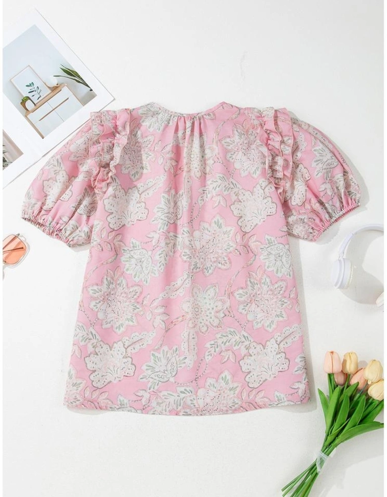 Pink Floral Print Drawstring V Neck Puff Sleeve Loose Blouse