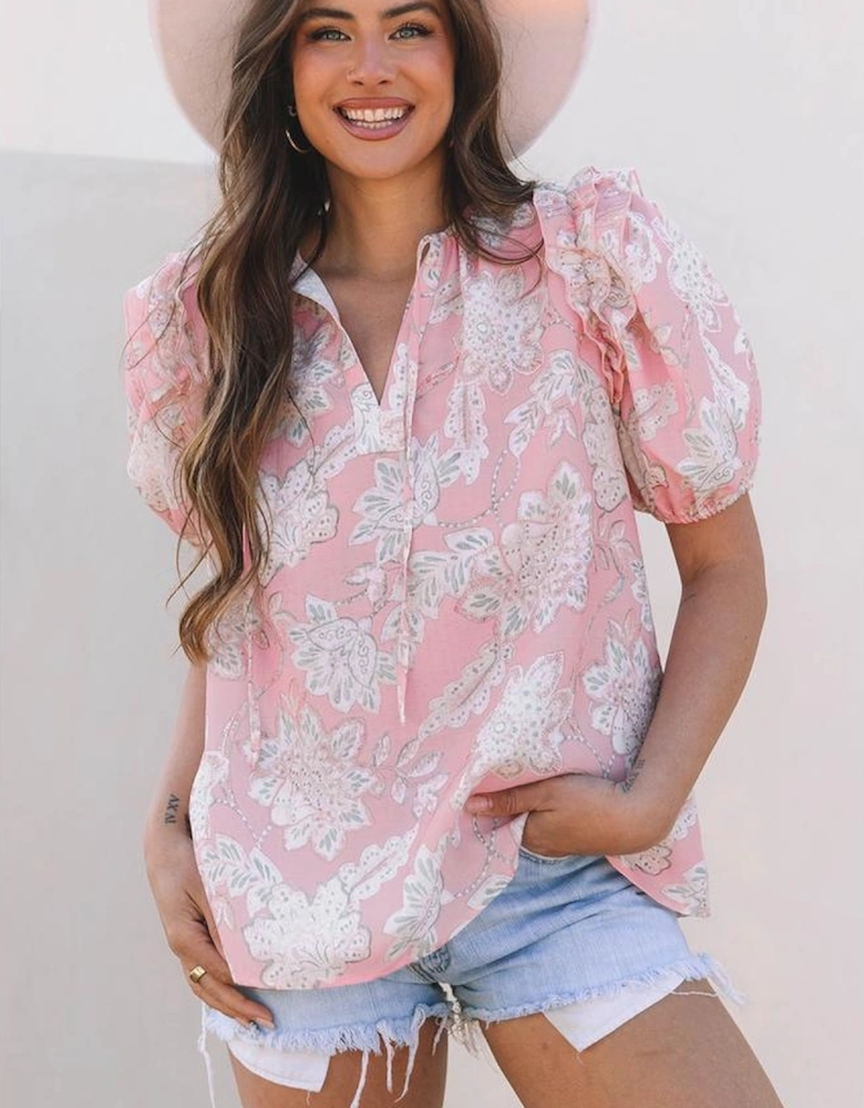 Pink Floral Print Drawstring V Neck Puff Sleeve Loose Blouse