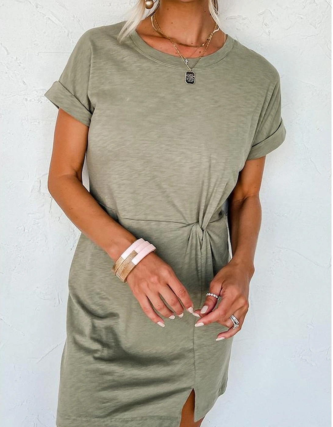 Laurel Green Folded Sleeve Twisted Mini T-Shirt Dress