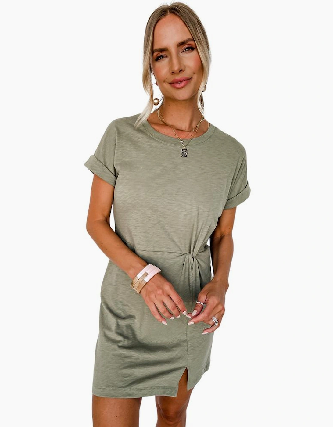 Laurel Green Folded Sleeve Twisted Mini T-Shirt Dress