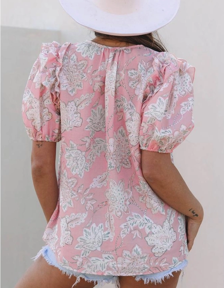 Pink Floral Print Drawstring V Neck Puff Sleeve Loose Blouse
