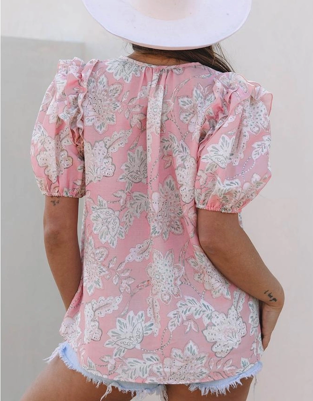 Pink Floral Print Drawstring V Neck Puff Sleeve Loose Blouse, 15 of 14