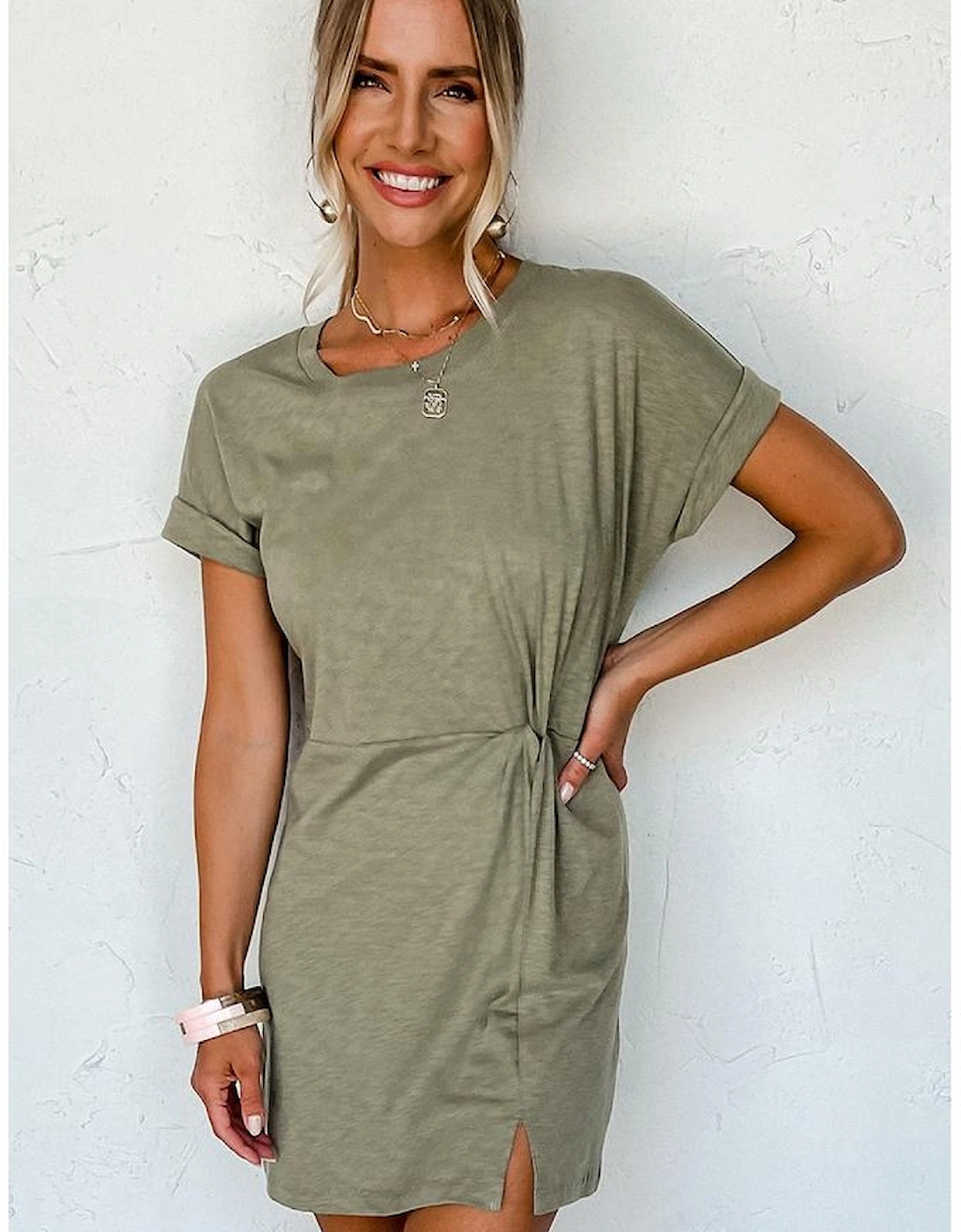 Laurel Green Folded Sleeve Twisted Mini T-Shirt Dress, 12 of 11