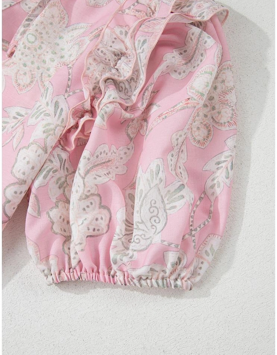 Pink Floral Print Drawstring V Neck Puff Sleeve Loose Blouse