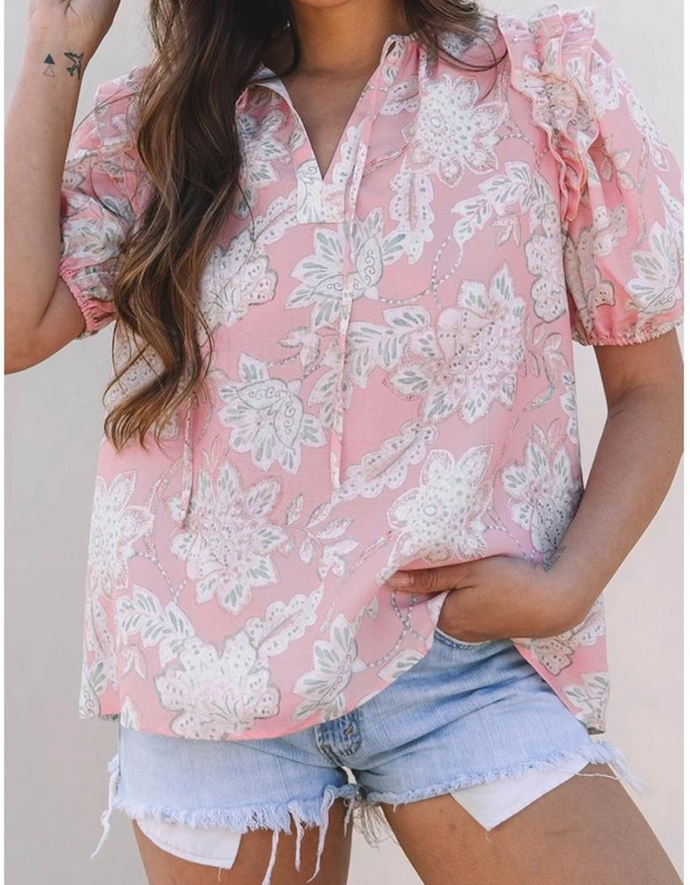 Pink Floral Print Drawstring V Neck Puff Sleeve Loose Blouse