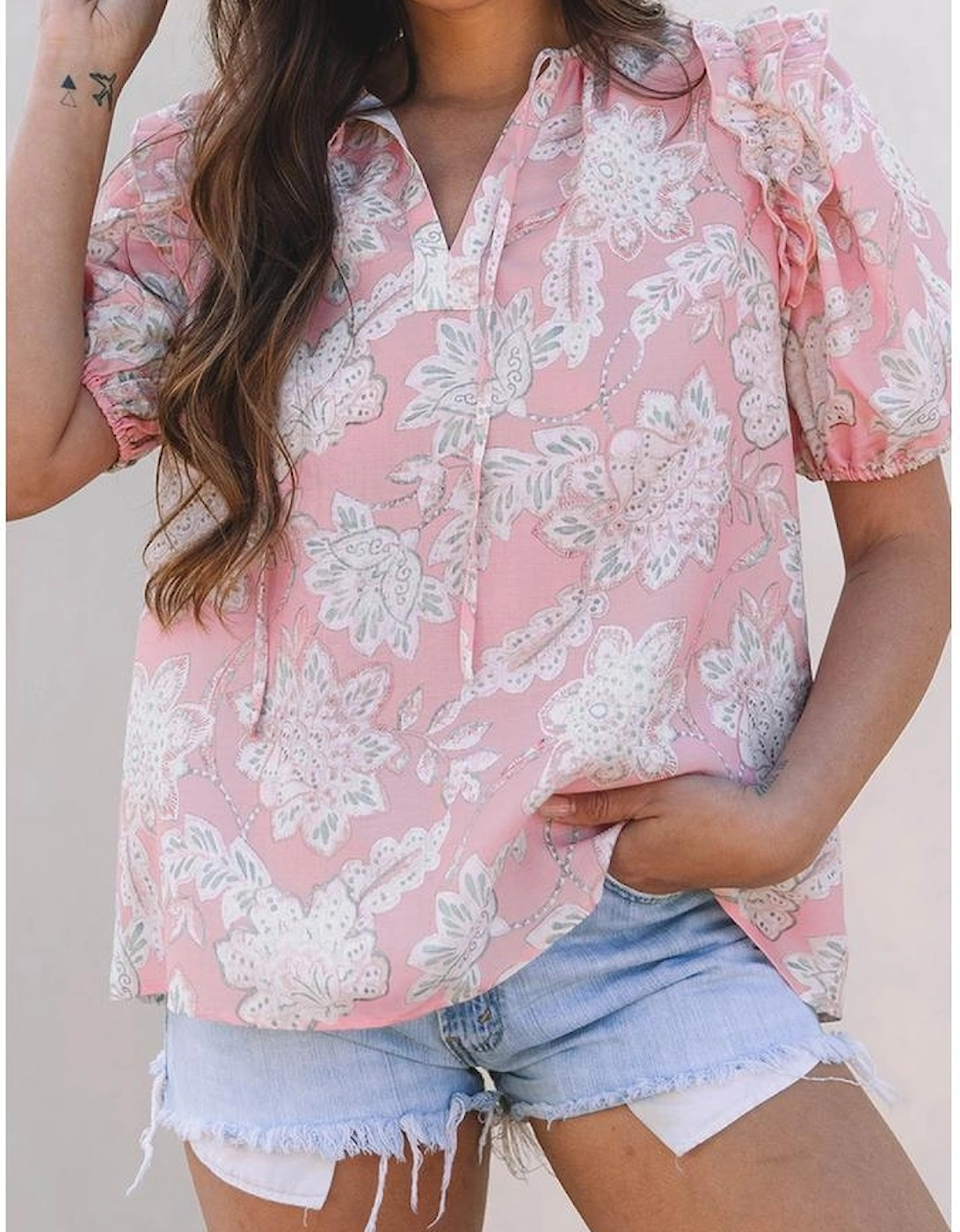 Pink Floral Print Drawstring V Neck Puff Sleeve Loose Blouse